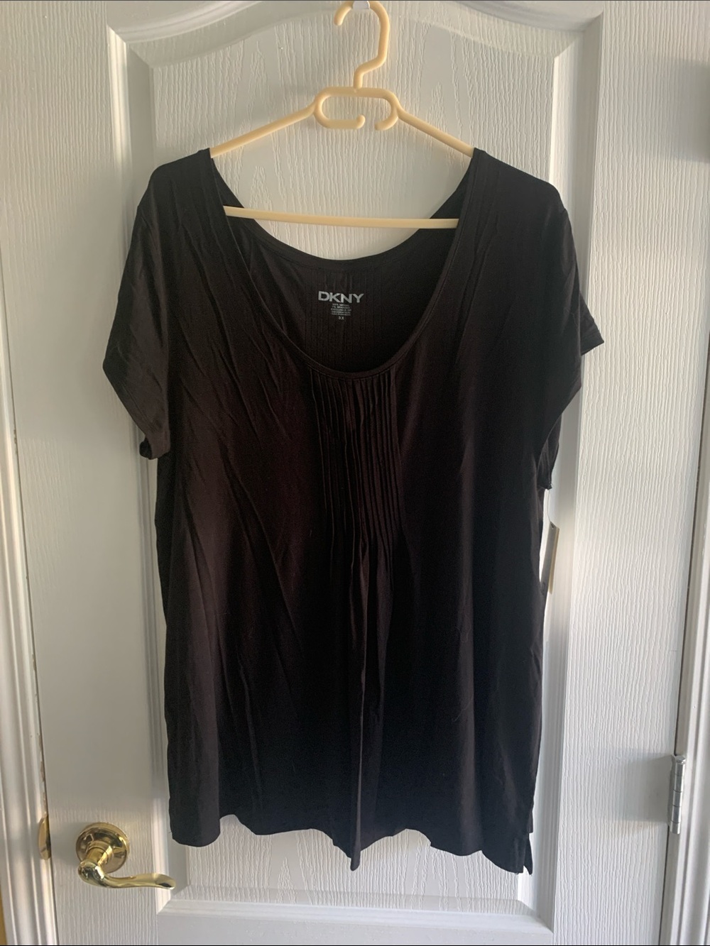DKNY Black Scoop Neck Short Sleeve Tee with Front Pintucks